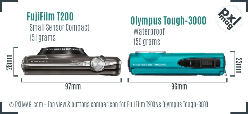FujiFilm T200 vs Olympus Tough-3000 top view buttons comparison