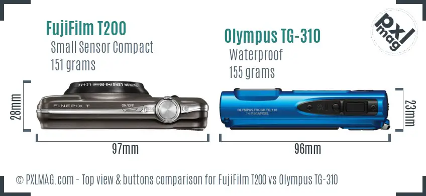FujiFilm T200 vs Olympus TG-310 top view buttons comparison FujiFilm T200 vs Olympus TG-310 top view buttons comparison