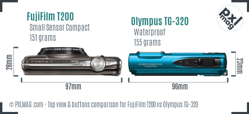 FujiFilm T200 vs Olympus TG-320 top view buttons comparison