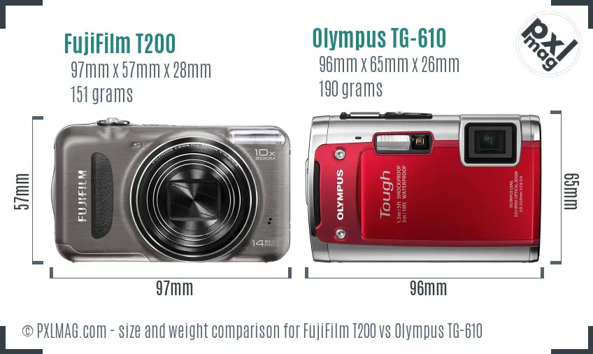 FujiFilm T200 vs Olympus TG-610 size comparison