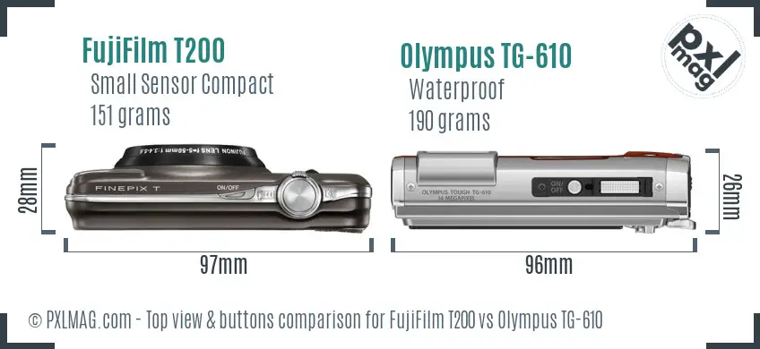FujiFilm T200 vs Olympus TG-610 top view buttons comparison