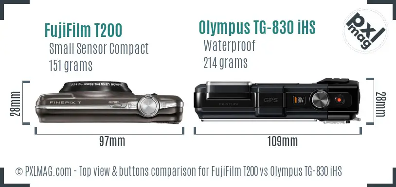FujiFilm T200 vs Olympus TG-830 iHS top view buttons comparison