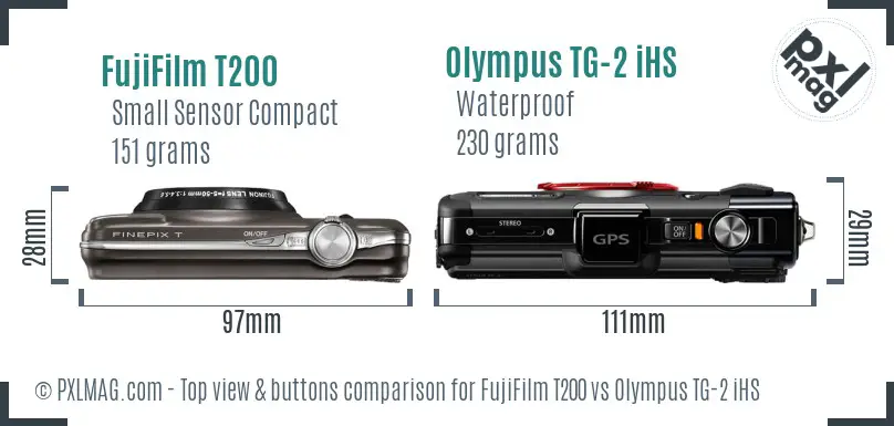 FujiFilm T200 vs Olympus TG-2 iHS top view buttons comparison