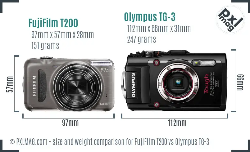 FujiFilm T200 vs Olympus TG-3 size comparison
