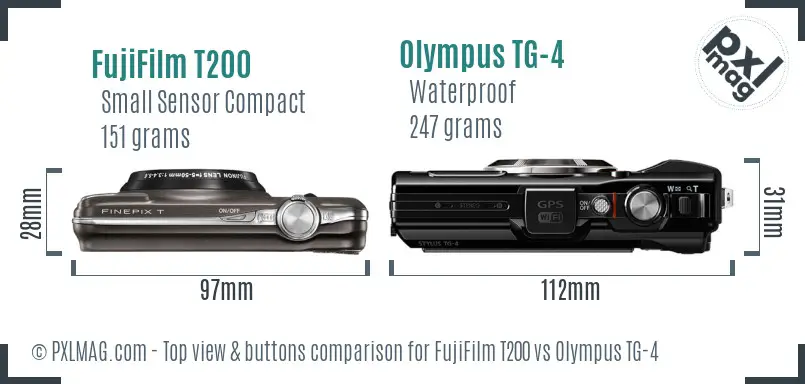 FujiFilm T200 vs Olympus TG-4 top view buttons comparison