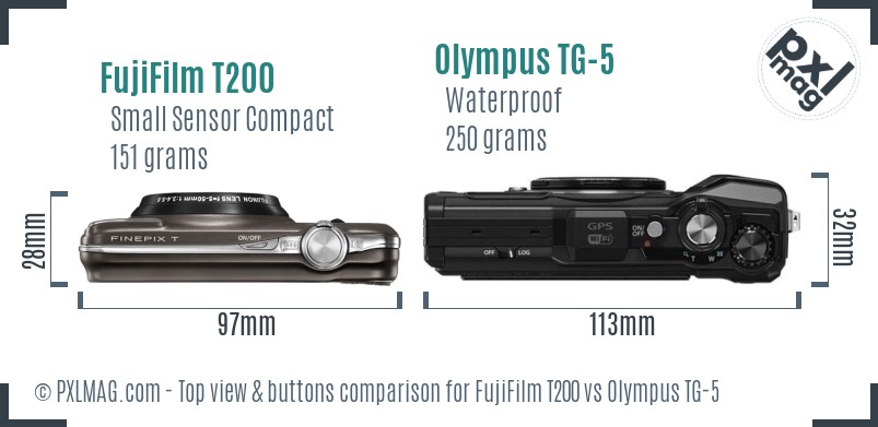 FujiFilm T200 vs Olympus TG-5 top view buttons comparison