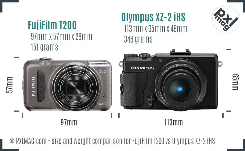 FujiFilm T200 vs Olympus XZ-2 iHS size comparison