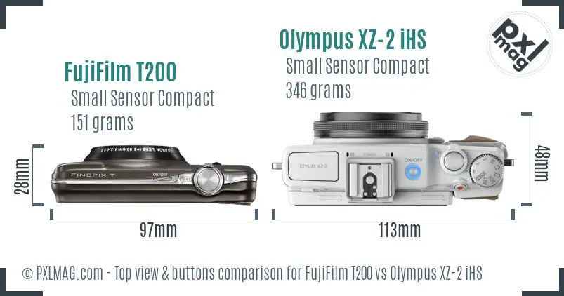 FujiFilm T200 vs Olympus XZ-2 iHS top view buttons comparison