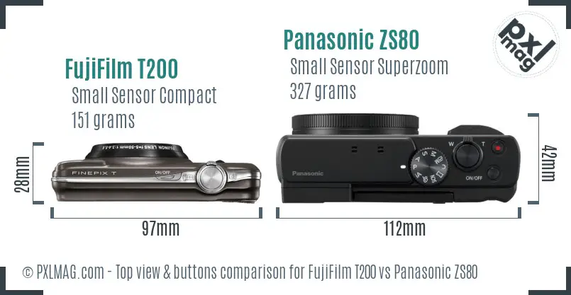 FujiFilm T200 vs Panasonic ZS80 top view buttons comparison