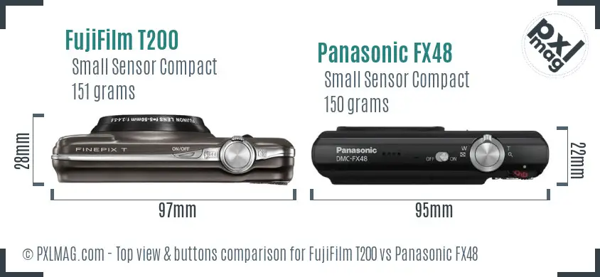 FujiFilm T200 vs Panasonic FX48 top view buttons comparison FujiFilm T200 vs Panasonic FX48 top view buttons comparison