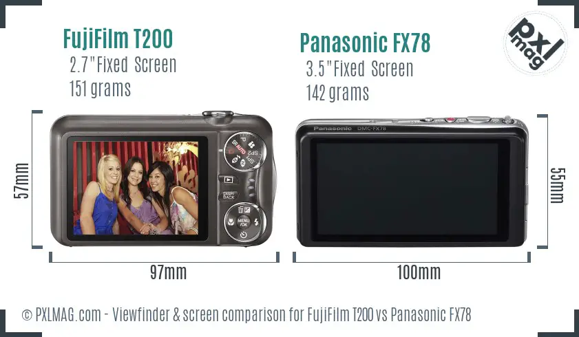 FujiFilm T200 vs Panasonic FX78 Screen and Viewfinder comparison
