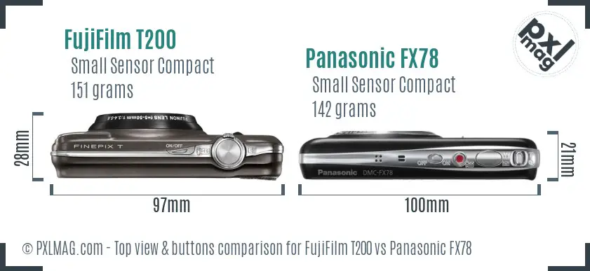 FujiFilm T200 vs Panasonic FX78 top view buttons comparison