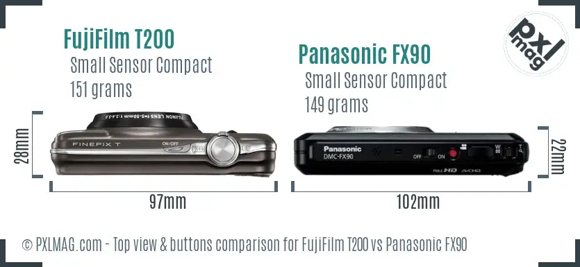 FujiFilm T200 vs Panasonic FX90 top view buttons comparison