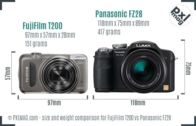 FujiFilm T200 vs Panasonic FZ28 size comparison