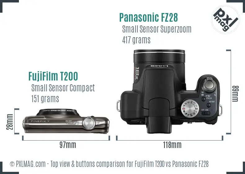 FujiFilm T200 vs Panasonic FZ28 top view buttons comparison