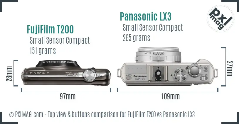 FujiFilm T200 vs Panasonic LX3 top view buttons comparison FujiFilm T200 vs Panasonic LX3 top view buttons comparison