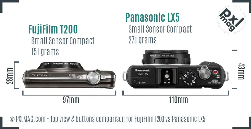 FujiFilm T200 vs Panasonic LX5 top view buttons comparison