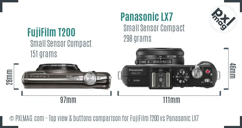 FujiFilm T200 vs Panasonic LX7 top view buttons comparison