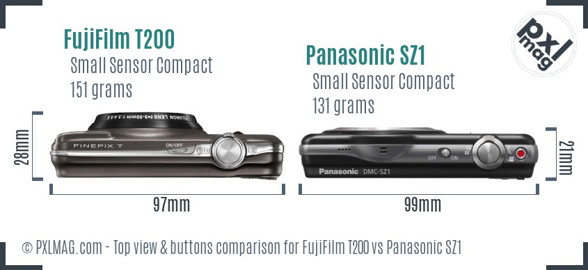 FujiFilm T200 vs Panasonic SZ1 top view buttons comparison
