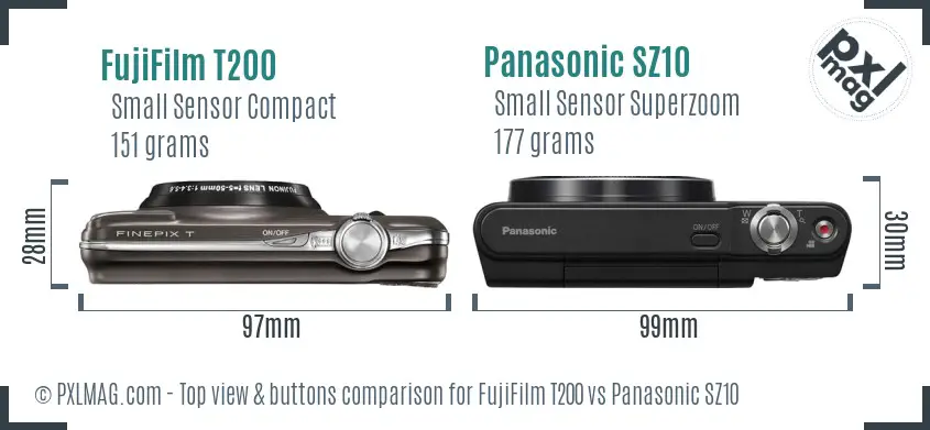 FujiFilm T200 vs Panasonic SZ10 top view buttons comparison FujiFilm T200 vs Panasonic SZ10 top view buttons comparison