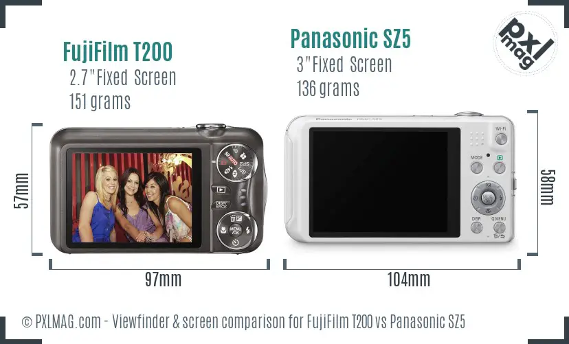FujiFilm T200 vs Panasonic SZ5 Screen and Viewfinder comparison