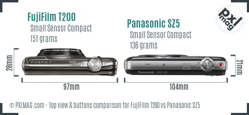FujiFilm T200 vs Panasonic SZ5 top view buttons comparison