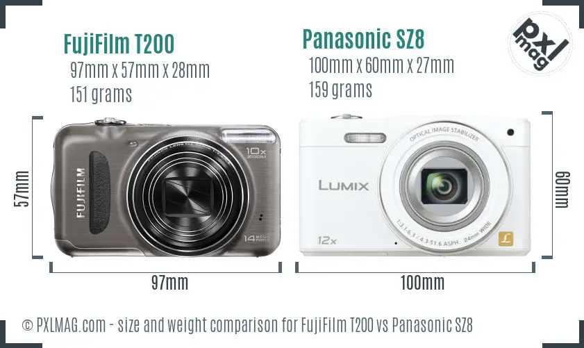 FujiFilm T200 vs Panasonic SZ8 size comparison
