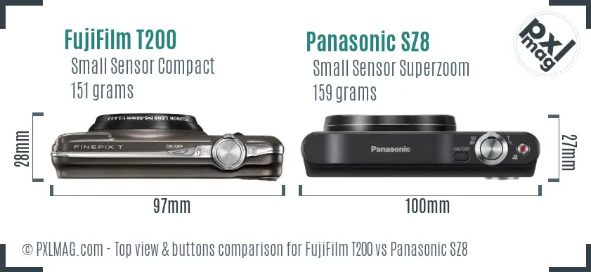 FujiFilm T200 vs Panasonic SZ8 top view buttons comparison