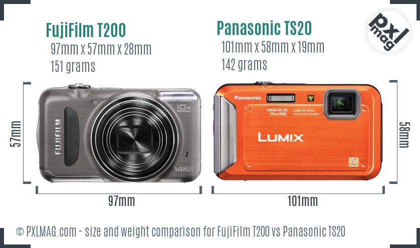 FujiFilm T200 vs Panasonic TS20 size comparison