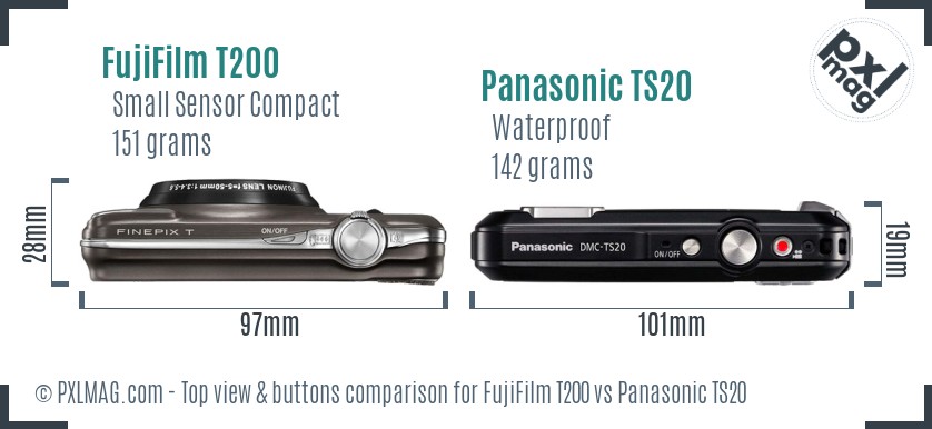 FujiFilm T200 vs Panasonic TS20 top view buttons comparison