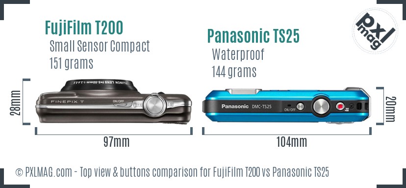 FujiFilm T200 vs Panasonic TS25 top view buttons comparison