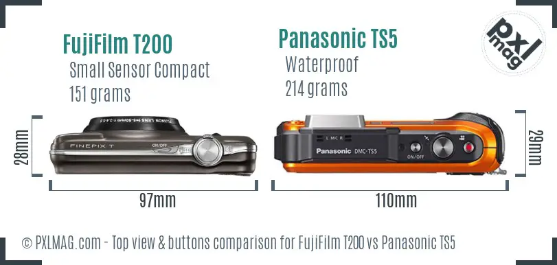 FujiFilm T200 vs Panasonic TS5 top view buttons comparison