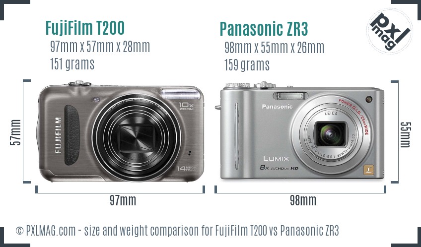 FujiFilm T200 vs Panasonic ZR3 size comparison