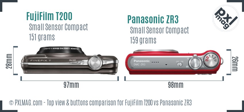 FujiFilm T200 vs Panasonic ZR3 top view buttons comparison