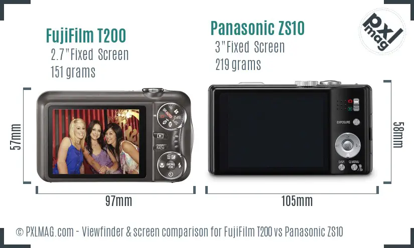 FujiFilm T200 vs Panasonic ZS10 Screen and Viewfinder comparison