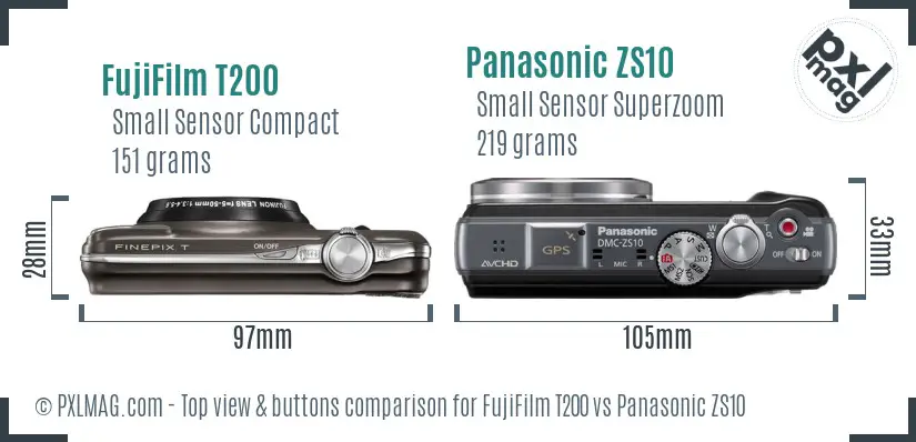 FujiFilm T200 vs Panasonic ZS10 top view buttons comparison