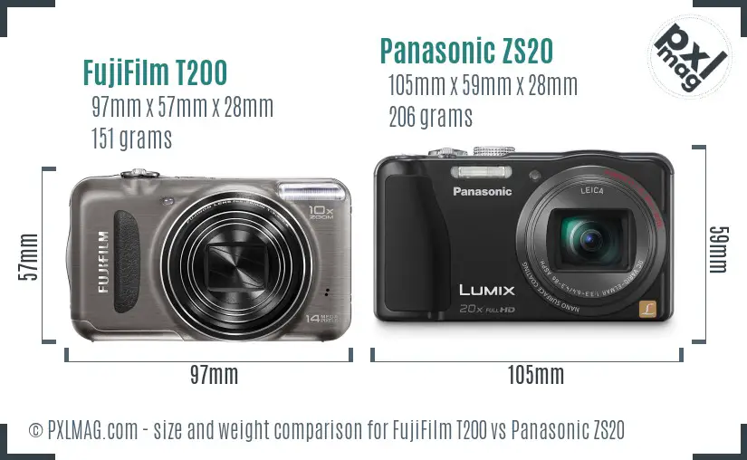 FujiFilm T200 vs Panasonic ZS20 size comparison