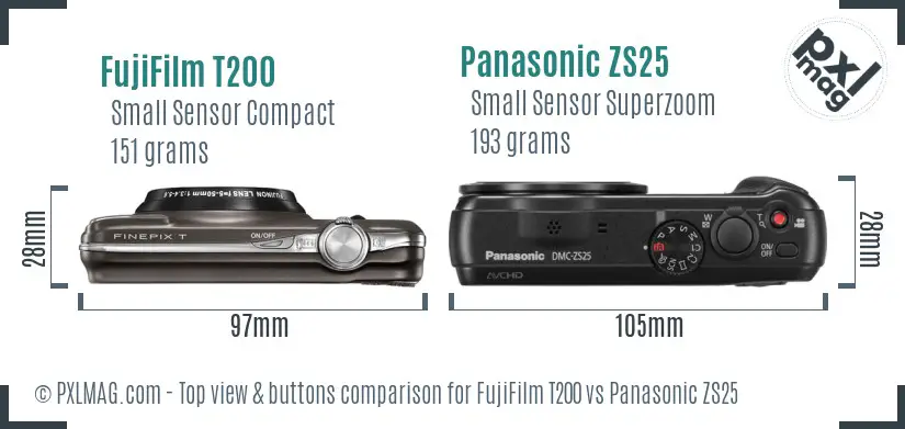 FujiFilm T200 vs Panasonic ZS25 top view buttons comparison FujiFilm T200 vs Panasonic ZS25 top view buttons comparison