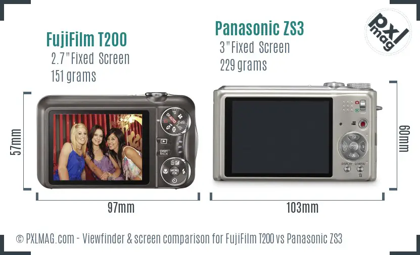 FujiFilm T200 vs Panasonic ZS3 Screen and Viewfinder comparison