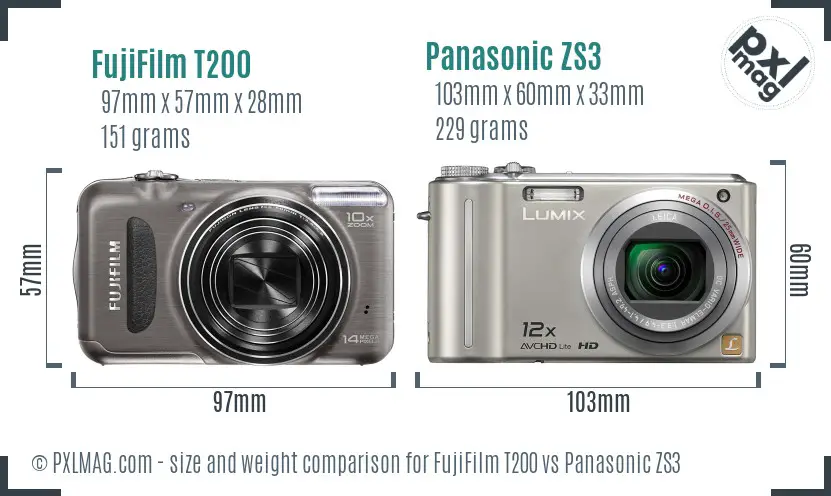 FujiFilm T200 vs Panasonic ZS3 size comparison