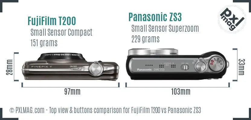 FujiFilm T200 vs Panasonic ZS3 top view buttons comparison