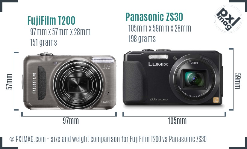 FujiFilm T200 vs Panasonic ZS30 size comparison