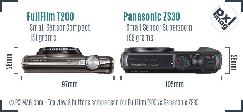 FujiFilm T200 vs Panasonic ZS30 top view buttons comparison