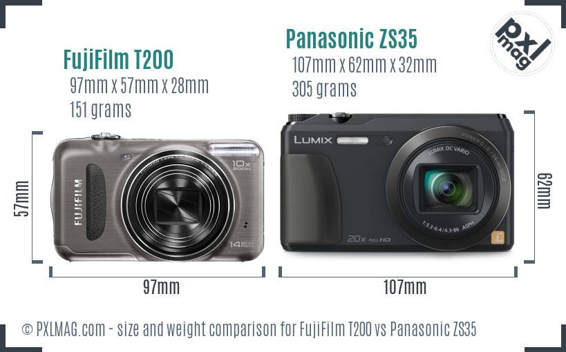 FujiFilm T200 vs Panasonic ZS35 size comparison