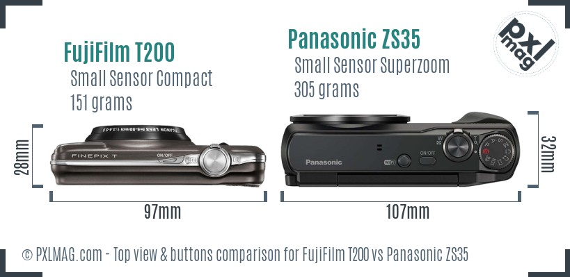 FujiFilm T200 vs Panasonic ZS35 top view buttons comparison