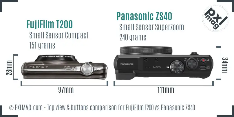 FujiFilm T200 vs Panasonic ZS40 top view buttons comparison