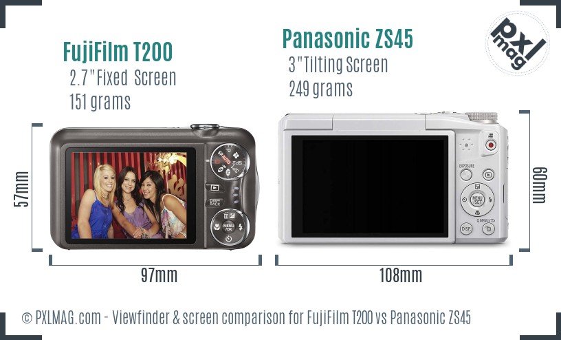 FujiFilm T200 vs Panasonic ZS45 Screen and Viewfinder comparison