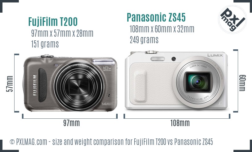 FujiFilm T200 vs Panasonic ZS45 size comparison FujiFilm T200 vs Panasonic ZS45 size comparison