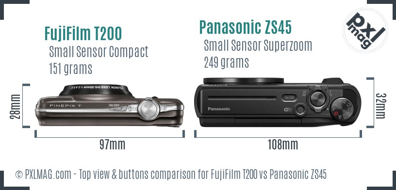 FujiFilm T200 vs Panasonic ZS45 top view buttons comparison