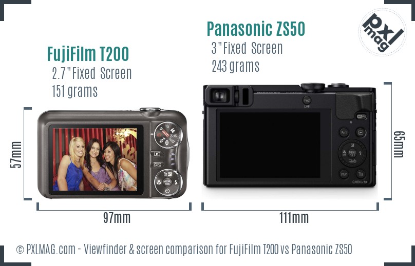 FujiFilm T200 vs Panasonic ZS50 Screen and Viewfinder comparison